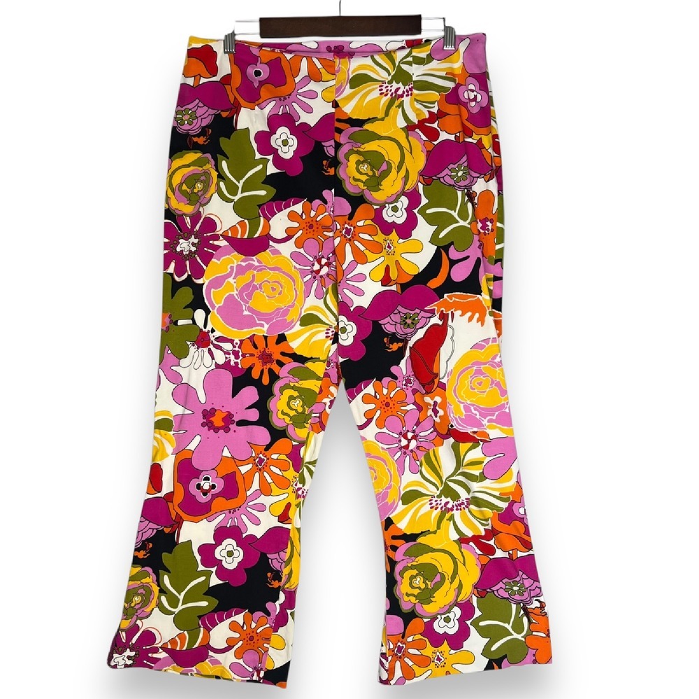 F.L. Malik Floral Retro Pants‎ Straight Leg Cropped Slit Hem Cotton Blend 16